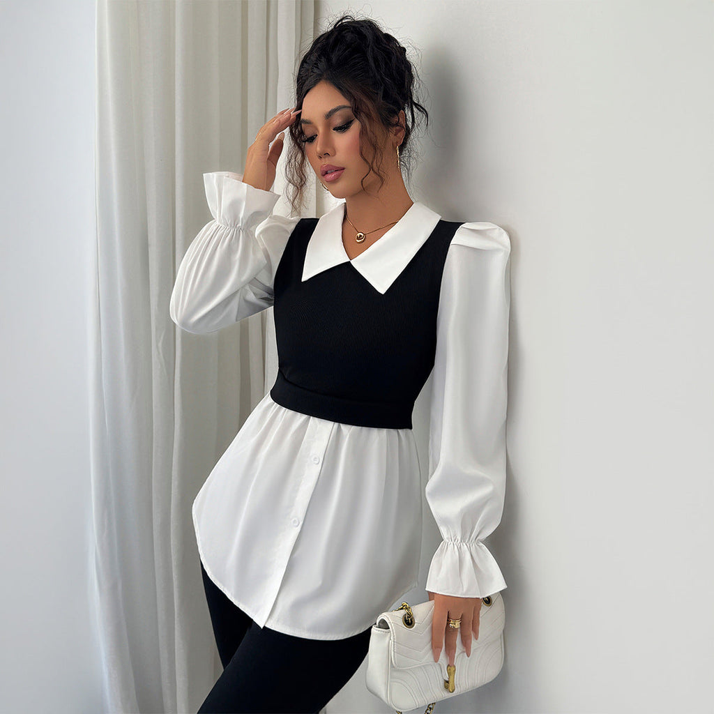 Blouse 2-en-1 noire et blanche à col large — vue 4