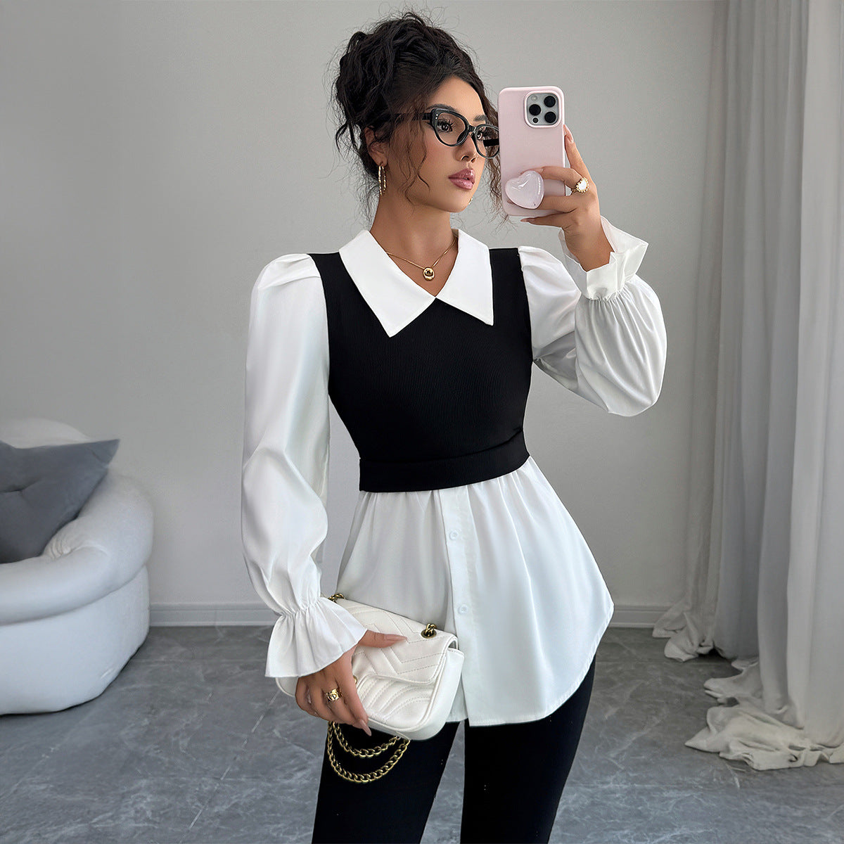 Blouse 2-en-1 noire et blanche à col large — vue 2