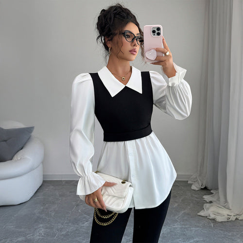 Blouse 2-en-1 noire et blanche à col large — vue 2