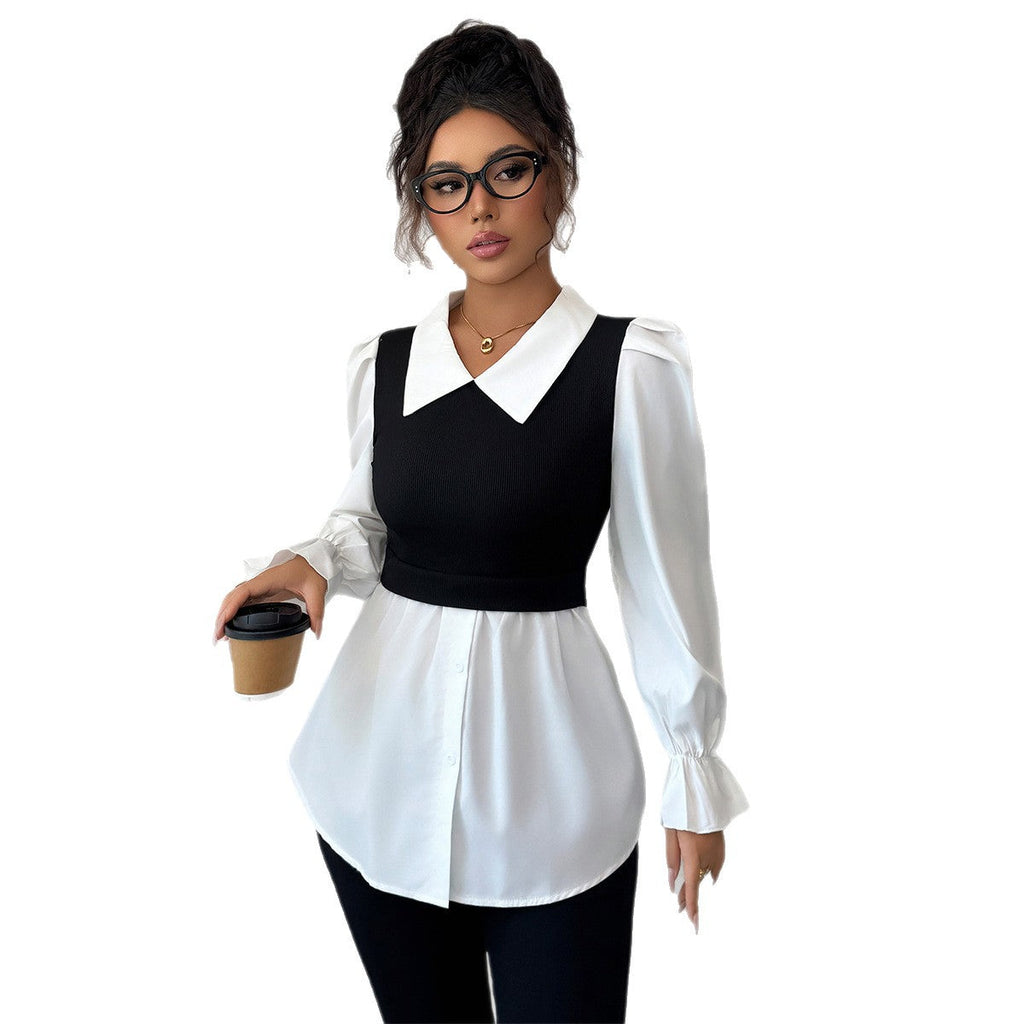 Blouse 2-en-1 noire et blanche à col large — vue 5