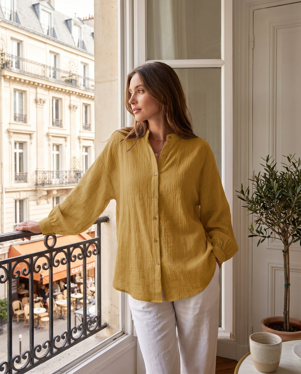 Chemise à manches longues en coton et lin — vue 5